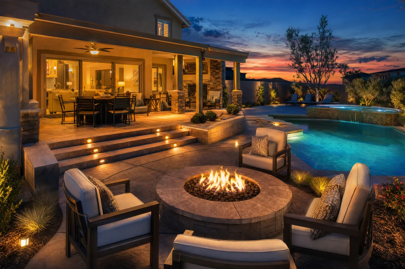 Twilight photo of a backyard patio area with landscape lighting, warm inviting glow
