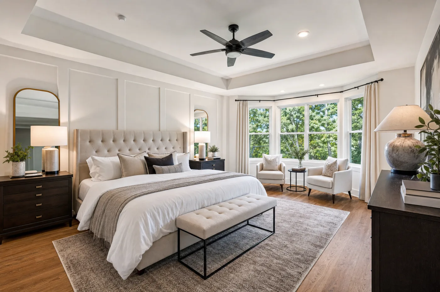 Bright, well-styled HDR interior photo of a primary bedroom