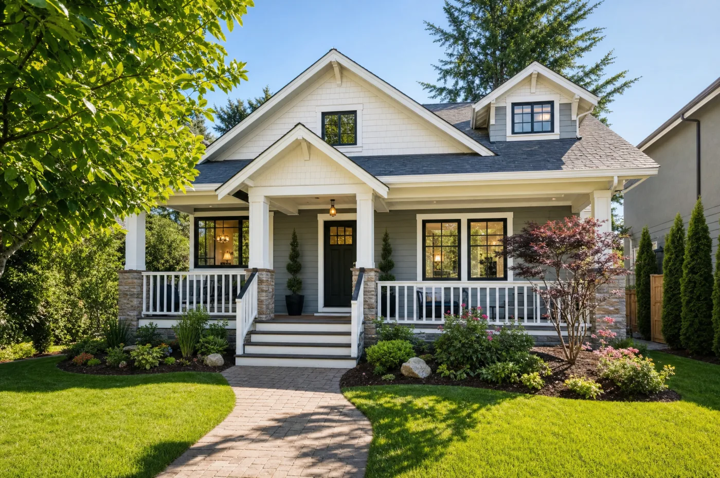 Daytime exterior photo of a house showing strong curb appeal, professional real estate photography