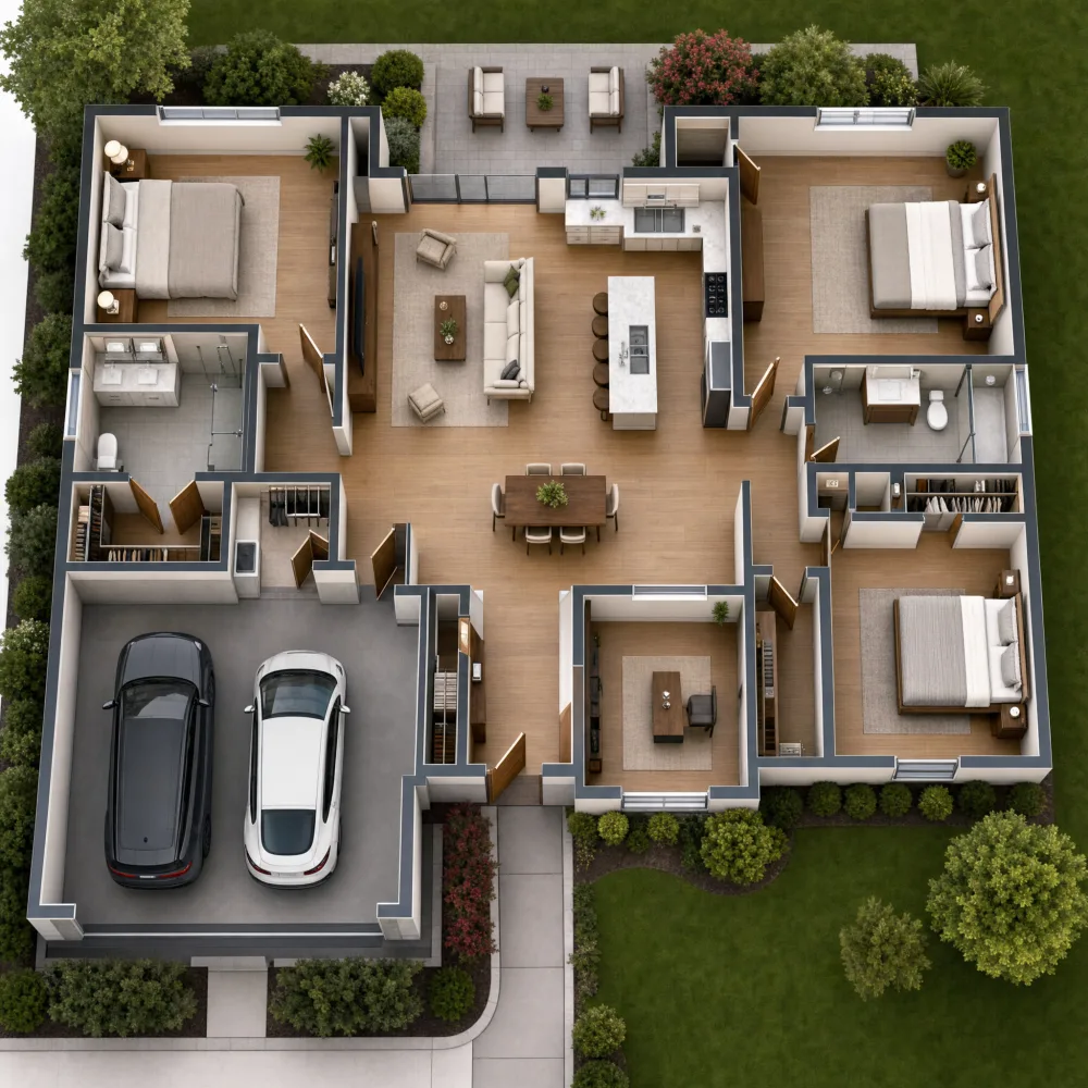 Clean overhead floor-plan-style render representing the Luxury package's 3D virtual tour