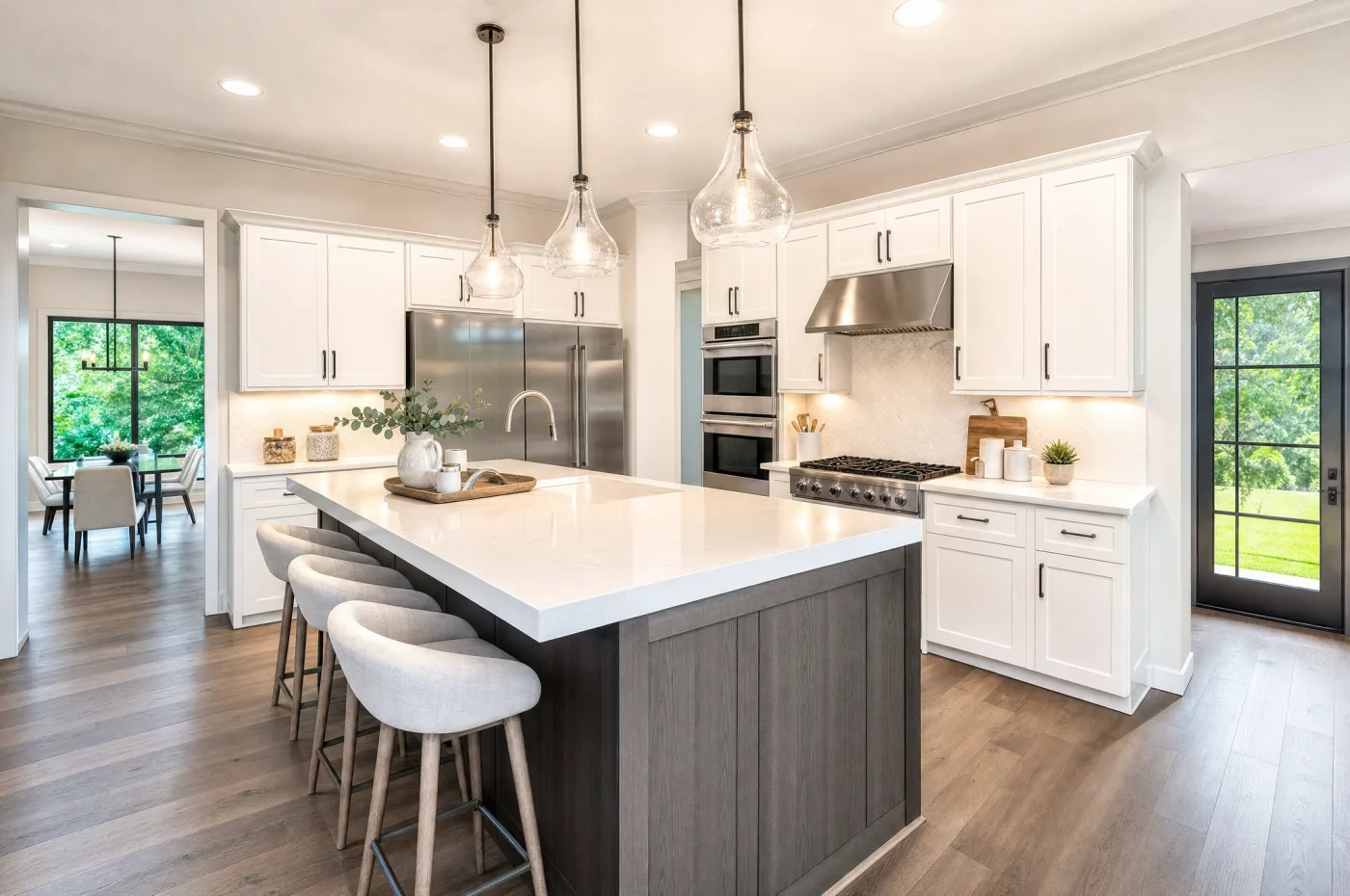 Bright HDR interior photo of a modern kitchen, professional real estate photography