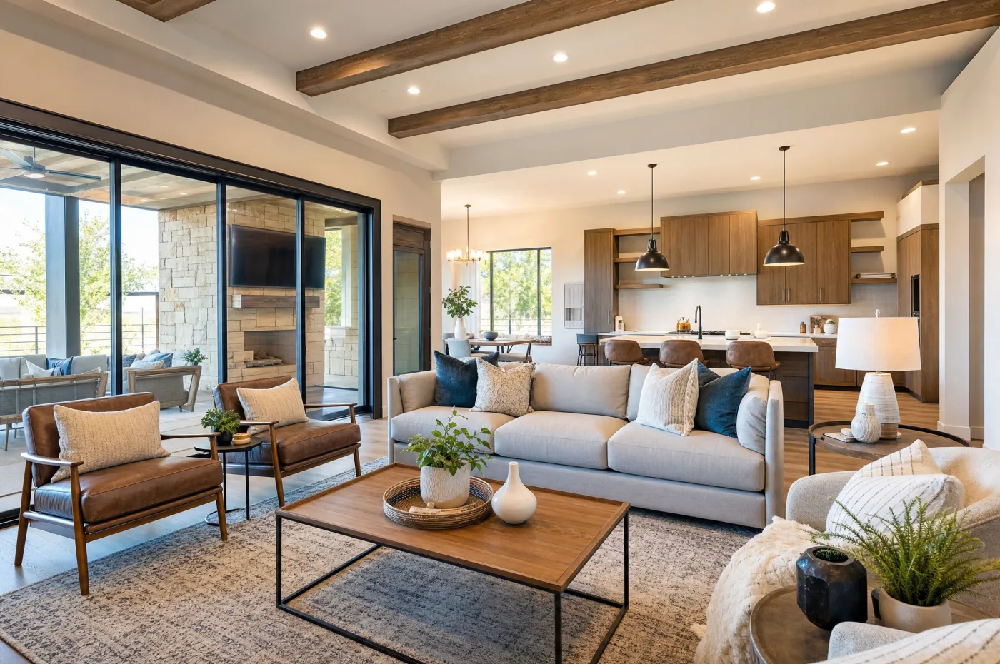 Bright, well-balanced HDR interior photo of a living room, professional real estate photography
