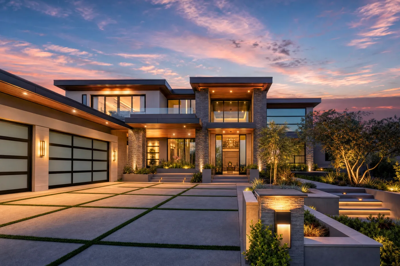 Dramatic architectural twilight exterior photo of an upscale home, sampling the Luxury/Architectural Package